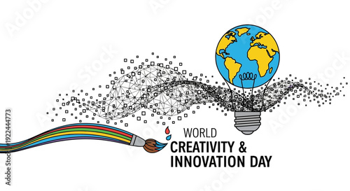 World Creativity & Innovation Day concept: paintbrush, globe, lightbulb, abstract particles
