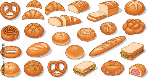 Bakery and bread vector set. Croissant, baguette, sandwich and sweet buns. Cartoon baked goods illustration collection for cafe menu and packaging design.