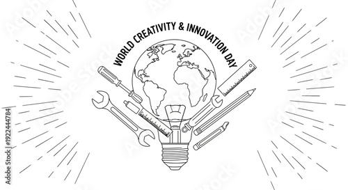 World Creativity & Innovation Day: Lightbulb Idea, Tools, Globe, Ruler, Pencil