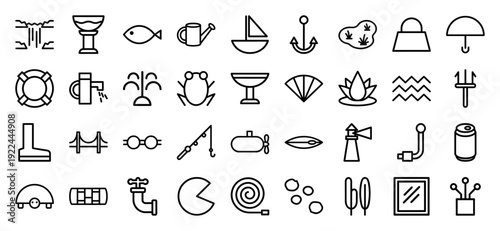 Water management and aquatic lifestyle line icons. Minimalist monoline pictograms for plumbing, maritime navigation, hydration, and environmental conservation symbols.