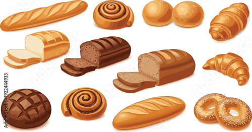 Bakery assortment vector set. Bread loaf, baguette, croissant and sweet buns. Cartoon baked goods illustration collection for cafe menu and packaging design.