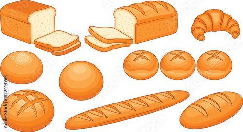 Bread and bakery vector set. Loaf, baguette, croissant and buns collection. Cartoon baked goods illustration isolated for cafe menu and packaging design.