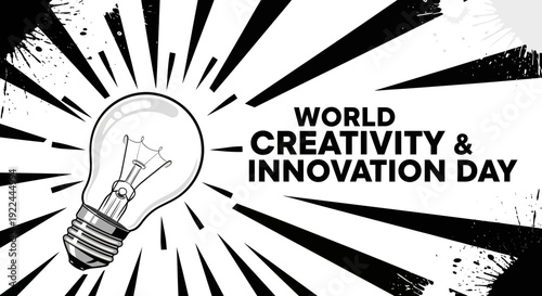 World Creativity and Innovation Day concept: Light bulb radiating ideas on a black and white background
