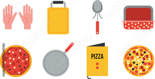 Pizza cooking icons vector set. Kitchen tools, pizza box and pepperoni slices. Flat fast food illustration collection for restaurant menu and delivery design.