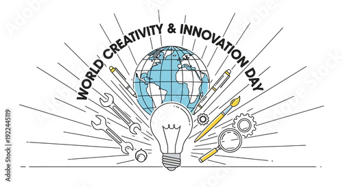 World Creativity and Innovation Day concept: lightbulb, globe, tools, pens, magnifying glass