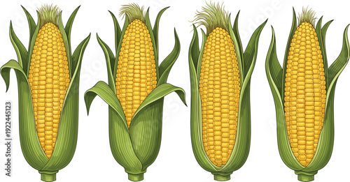 Corn cob vector set. Fresh yellow maize ears with green husk. Realistic farm vegetable illustration collection for grocery, agriculture and organic food design.