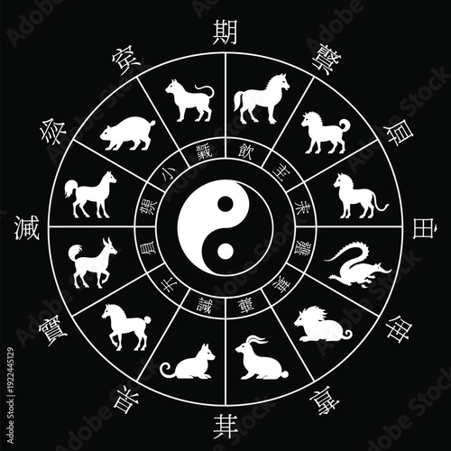 Chinese zodiac wheel with yin yang symbol, twelve animal horoscope signs in black and white circular vector illustration design