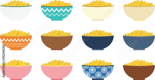 Popcorn bowls vector set. Colorful ceramic bowls filled with popcorn. Flat snack food illustration collection for cinema menu, party poster and packaging design.