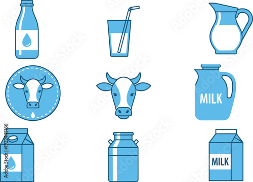 Milk icons vector set. Dairy bottle, carton, jug and cow symbol collection. Blue flat illustration for grocery, farm branding and healthy drink design.