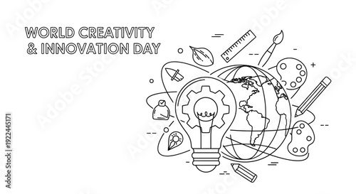 World Creativity and Innovation Day concept with lightbulb, gear, globe and art supplies