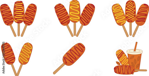 National Corn Dog Day vector set. Fried corn dogs with ketchup and mustard. Cartoon fast food illustration collection for holiday poster and menu design.