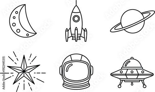 Set of minimalist line art space icons featuring celestial objects a rocket astronaut helmet and UFO perfect for astronomy science fiction and app design