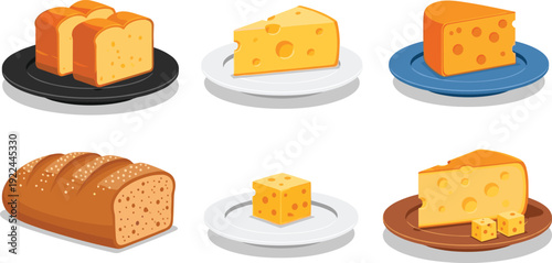 Cheese and bread vector set. Swiss wedges, blocks and sliced loaf on plates. Cartoon dairy and bakery food illustration for cafe menu and packaging design.