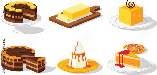 Dessert and cake vector set. Chocolate cake, cheesecake and creamy pudding collection. Cartoon sweet bakery illustration for cafe menu, packaging and food branding design.