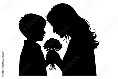Black silhouette of a little boy giving a flower bouquet to his mom