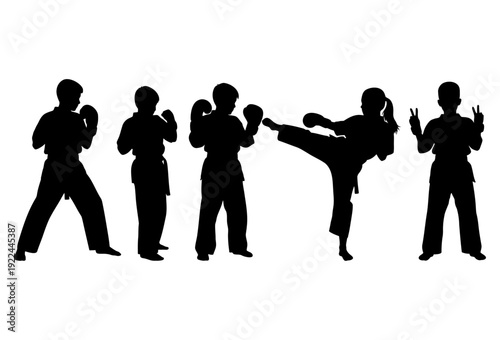 Black silhouettes of children practicing karate and martial arts poses
