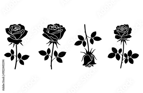 Set of black silhouette rose flowers with stems and leaves