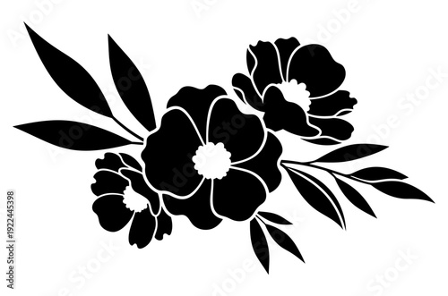 Black silhouette of flower bouquet with leaves and stems