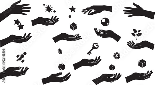 Silhouette hands holding various objects and symbols in air