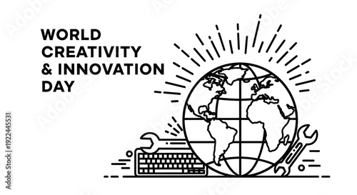 World Creativity and Innovation Day Globe with Tools and Keyboard - Vector Illustration