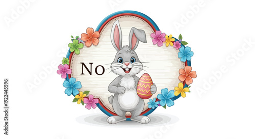 Adorable easter bunny holding a colorful egg with floral frame design