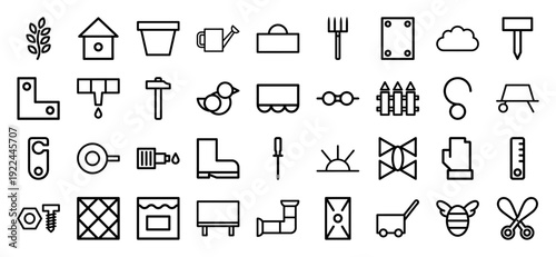 Home improvement and garden maintenance linear pictograms featuring construction tools, plumbing fixtures, and outdoor landscaping equipment for DIY renovation manuals.