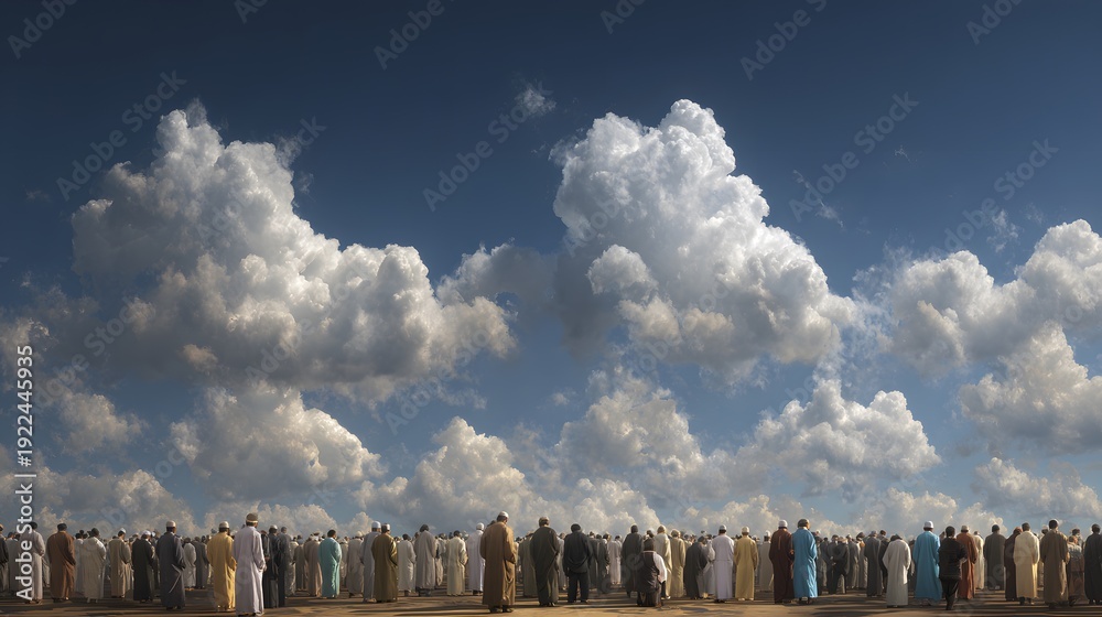 Fototapeta premium Vast congregation of individuals observing a collective moment under an expansive sky.