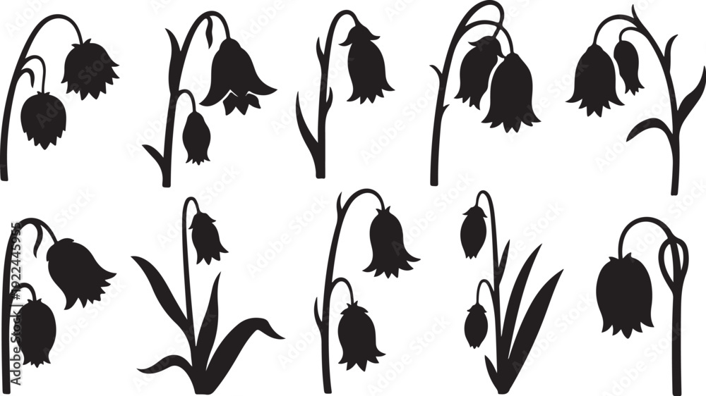 Fototapeta premium Black silhouettes of flowers on white background illustration set