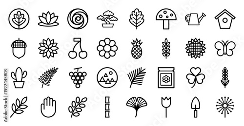 Botanical and gardening line icons featuring organic foliage, floral blossoms, and horticulture tools. Minimalist monoline pictograms for environmental branding and landscaping design.