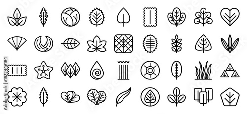 Botanical leaf line art icons for organic branding and nature-themed user interface design. Technical monoline plant silhouettes and foliage symbols.
