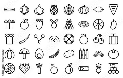 Organic food and healthy nutrition monoline icons. Minimalist geometric line art featuring vegetables, fruits, and garden produce for grocery branding and cooking apps.