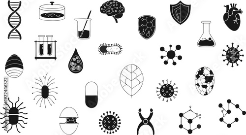 Various scientific and medical icons and symbols in black and white isolated on transparent background






















































































