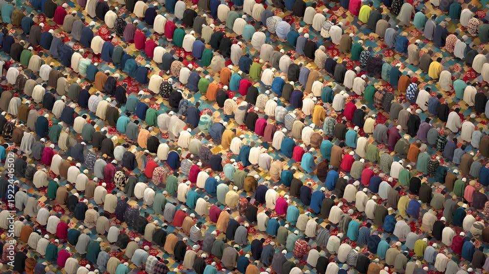 Fototapeta premium Rhythmic Rows of Worshippers in Prayer: A Colorful Abstract Study of Devotion.
