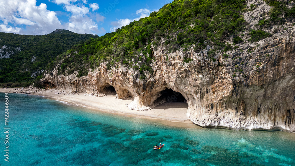 Obraz premium Aerial view of Cala Luna beach in the Gulf of Orosei, Sardinia, Italy.