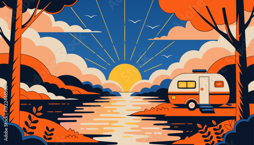 Very beautiful travel trailer camping scene beside a wide river during glowing sunset, reflecting warm sky tones and peaceful evening adventure atmosphere.