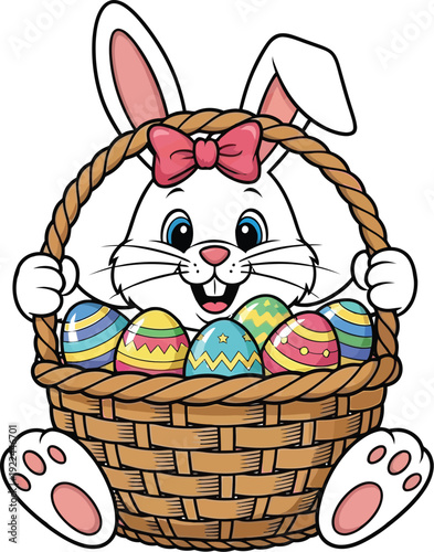 Adorable easter bunny with colorful eggs in a wicker basket illustration