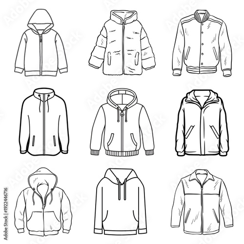 Collection of outer apparel line art icons including hoodies, puffer jackets, and varsity bomber jackets in flat sketch style.