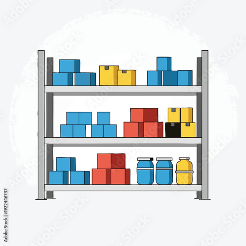 Modern Industrial Warehouse Shelving Unit with Colorful Storage Bins and Containers