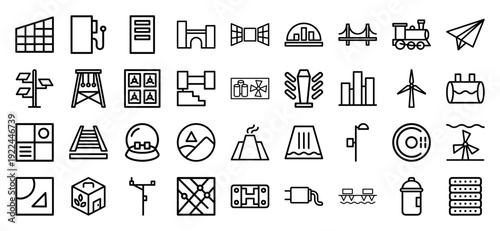 Sustainable energy and infrastructure development icons featuring renewable power sources, green technology, and industrial engineering in a modern monoline aesthetic.