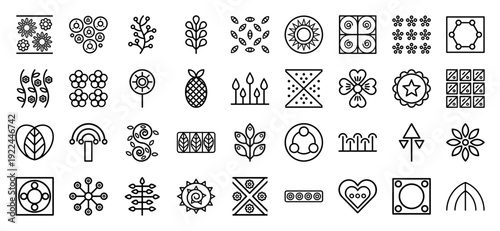 Abstract botanical and geometric monoline symbols for organic branding and nature-inspired UI. Minimalist linear icons featuring floral patterns, leaf structures, and celestial motifs.