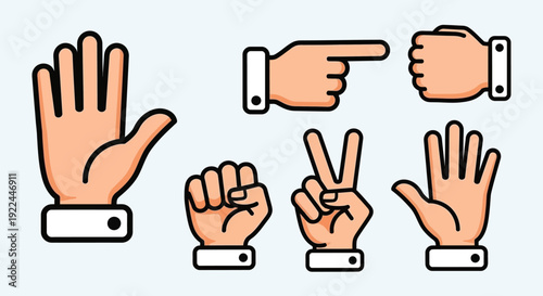 A collection of diverse hand gestures and poses, including an open palm, pointing finger, fist, and victory sign, presented in a clean, illustrative style.