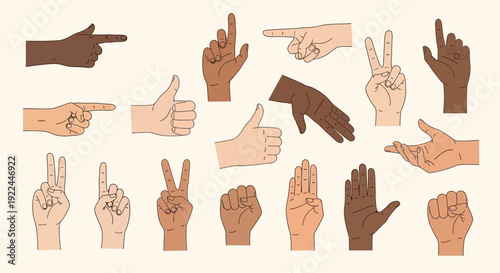 Collection of diverse hands displaying various gestures and pointing directions against a neutral background.