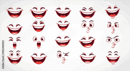 A collection of 20 cartoon-style facial expressions depicting various emotions and reactions.