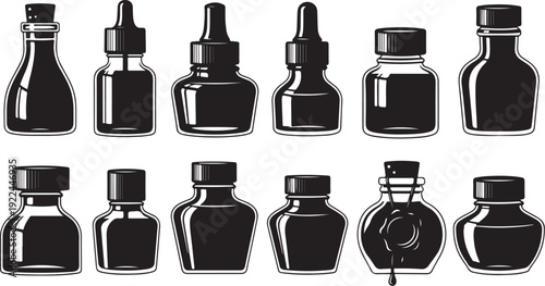 Collection of various black glass bottles and vials illustration
