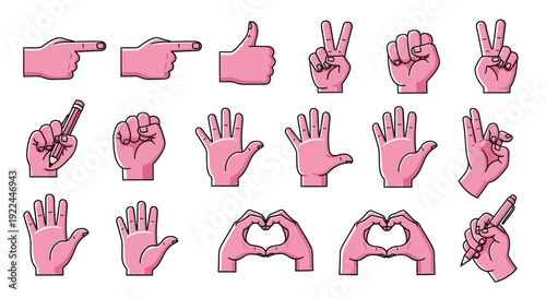 Collection of diverse hand gestures and poses, including pointing, thumbs-up, peace signs, fists, open palms, and heart shapes, rendered in a simple pink cartoon style.