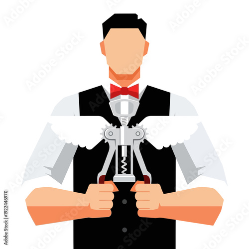 Bartender holding corkscrew, preparing wine