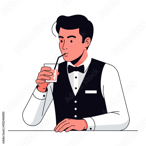 Bartender in uniform drinking a cocktail, flat illustration style.