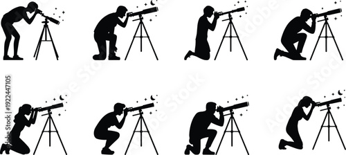 Astronomy silhouette illustration set featuring eight people using telescopes with crescent moon and stars symbolizing stargazing, space exploration, science, and night sky observation