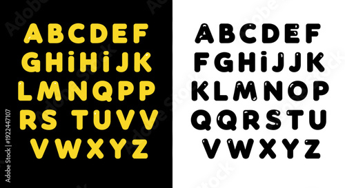 Two distinct sets of the English alphabet displayed in a bold, rounded, bubble-like font against contrasting backgrounds.