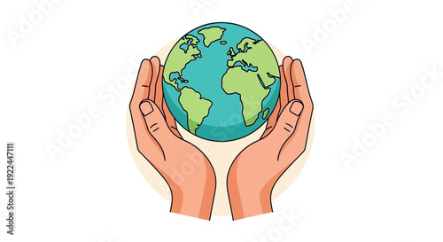 Two cupped hands gently holding a vibrant green and blue planet Earth.